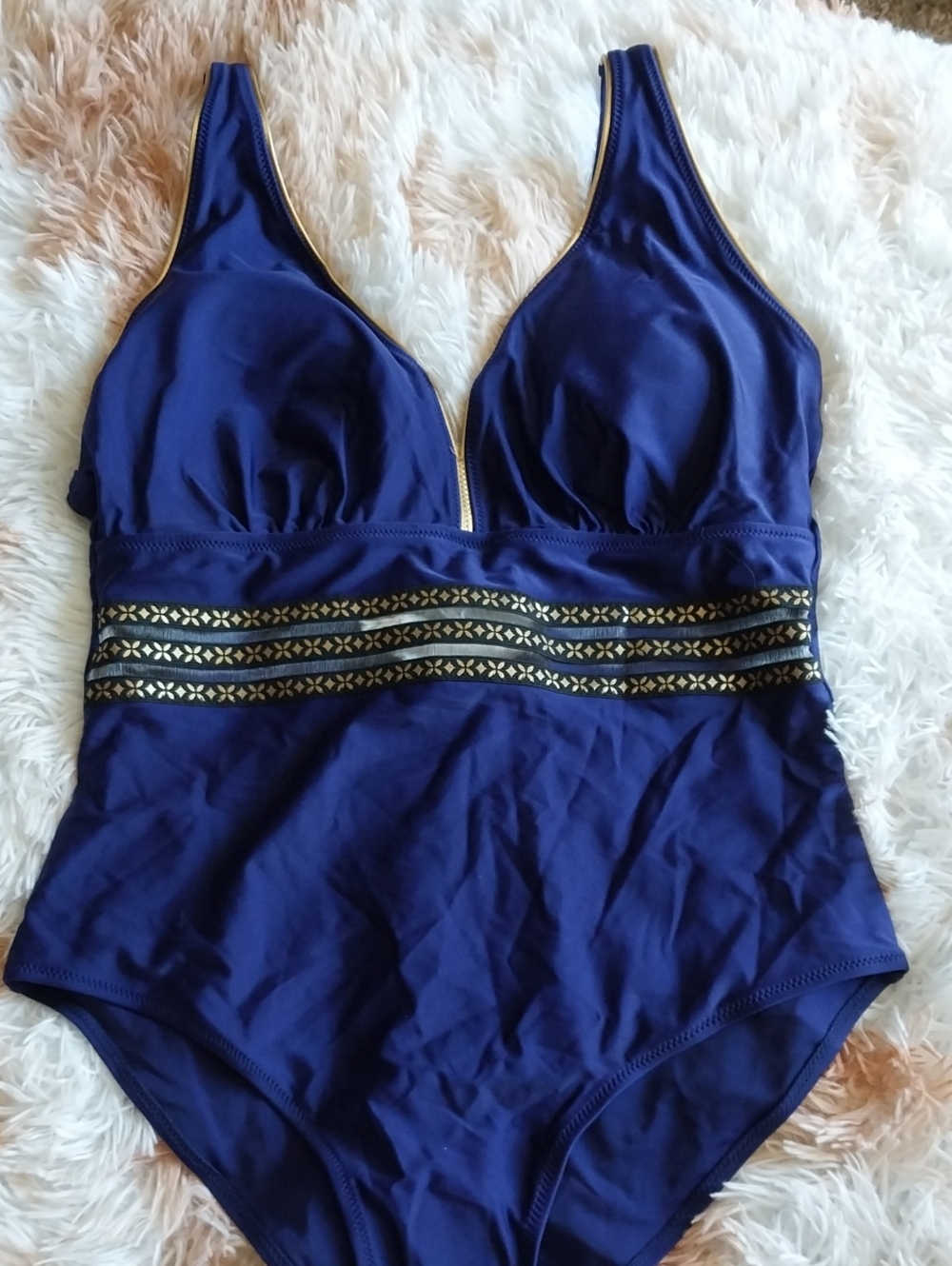 Navy One-Piece Swimsuit with Gold Accent